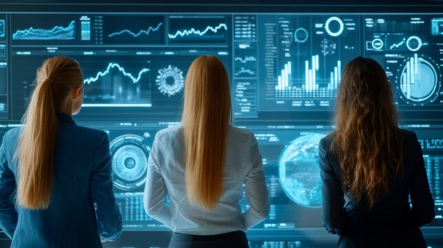 Diverse Financial Team Collaborating on Holographic Trading Strategies for Business Profit Growth