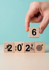 2026 goal achievement path,Wooden blocks with 2026, focused, business planning concept. professional businessman, location icons and a target symbol, representing planning, milestones achieving goals.