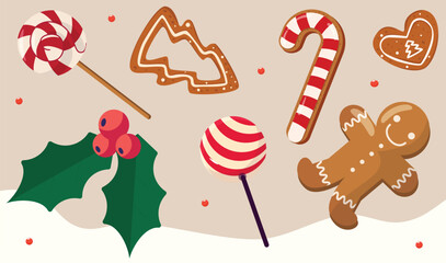 Collection of Christmas icons, christmas  decorations items vector illustration. 