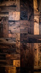 Elegant patchwork of dark reclaimed wood blocks creating a textured background.