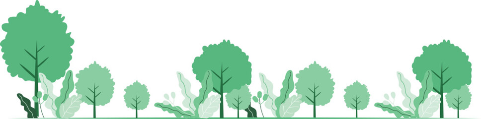 Group of leafy green trees displayed on a  white background, vector illustration.