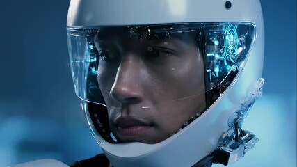 Young man in a futuristic white helmet with glowing blue lights on a dark blue background, looking around, science fiction video - Powered by Adobe