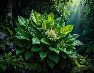 Exotic jungle plant illuminated by divine sunbeams in a dark forest.