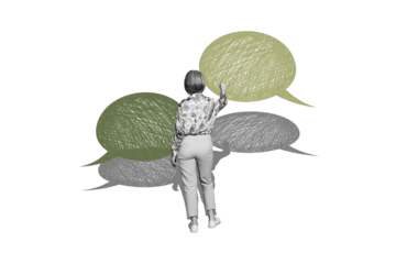 Composite photo collage of stylish girl stand back touch text box bubble communication dialogue cloud speak isolated on painted background