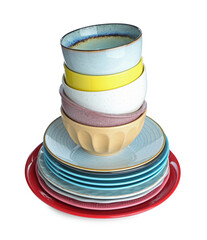 Stack of ceramic dishware isolated on white
