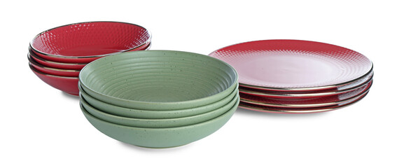 Stacks of ceramic dishware isolated on white