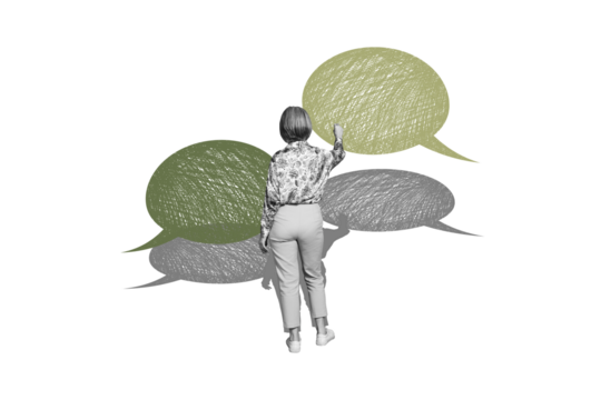 Composite photo collage of stylish girl stand back touch text box bubble communication dialogue cloud speak isolated on painted background