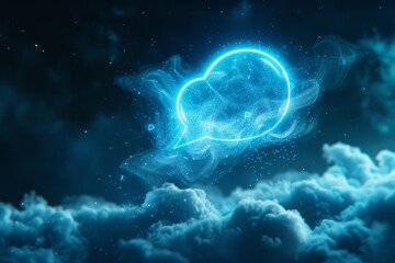 Glowing speech bubble floating above clouds, representing online communication, social media, and futuristic technology