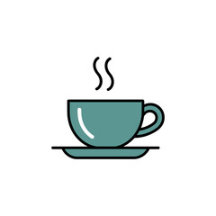 A steaming hot teal coffee cup sits on a saucer, isolated on a white background