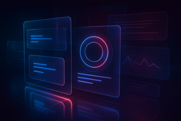 Neon data dashboard with glowing blue, pink and purple panels, central circular gauge, side lists and a line graph on a dark background — futuristic analytics UI.