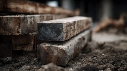 Fototapeta premium A close up view of a stack of rough wooden beams resting on soil at an outdoor construction site