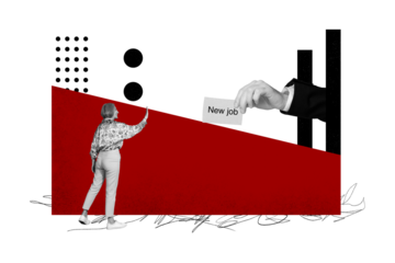 Composite artwork collage image picture of mini woman big arm hold new job placard isolated on creative background