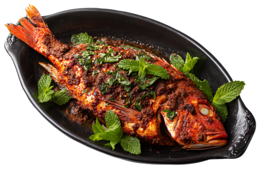  a black serving dish with a whole fried or charred red snapper on it, seasoned with indian-style spices and herbs, against a Transparent Background PNG