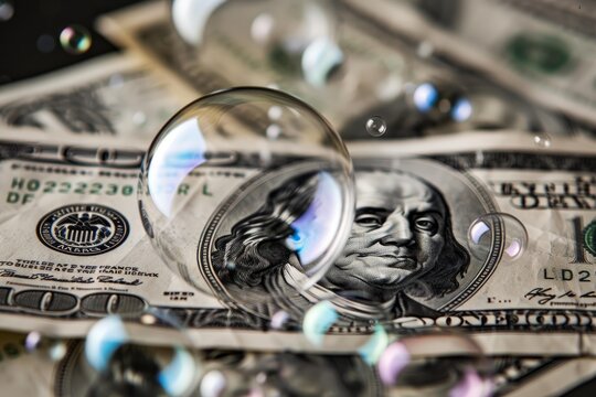 Soap bubbles floating over one hundred dollar bills representing economic bubble and financial crisis
