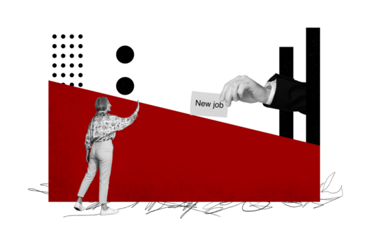 Composite artwork collage image picture of mini woman big arm hold new job placard isolated on creative background