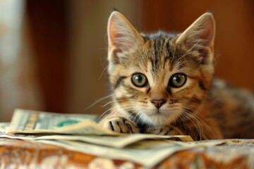 Cute kitten lying on a pile of dollar bills, symbolizing financial security and the value of pets