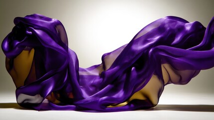 Elegant purple silk fabric floats through the air, highlighting the luxurious texture and drape.