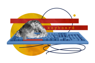 Composite photo collage of sleepy old woman lie computer keyboard office equipment tool keypad supply isolated on painted background