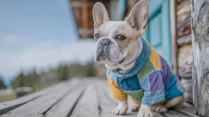 Fototapeta premium A French bulldog in a colorful patchwork onesie stands on a wooden porch, showcasing eco fashion