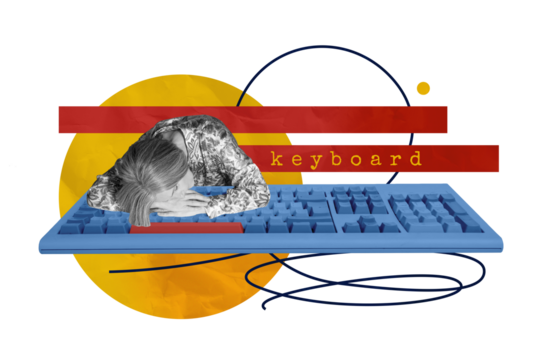 Composite photo collage of sleepy old woman lie computer keyboard office equipment tool keypad supply isolated on painted background