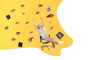 Trend template sketch design 3D photo collage of aged woman sit armchair office manager relax comfort hands up eyes watch control eyesight