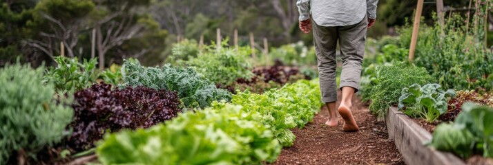 Person walks barefoot on a garden path surrounded by fresh greens and herbs, enjoying the beauty of homegrown food