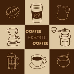  Vintage collection of coffee symbols in warm brown tones