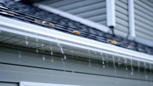Rainwater drips from a white gutter on a house, with leaves on the shingles