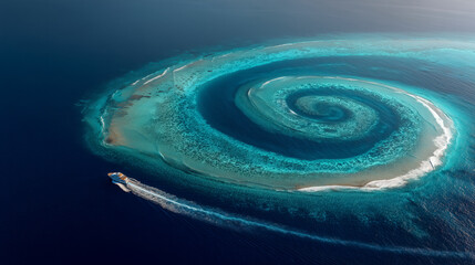 Experience the thrill of a yacht navigating stunning turquoise waters near a unique spiral island, perfect for luxury travel and adventure campaigns