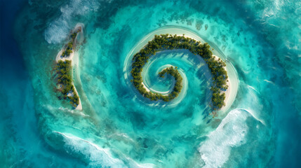 Discover a stunning spiral island surrounded by turquoise waters, perfect for travel brochures, vacation packages, or tropical destination marketing