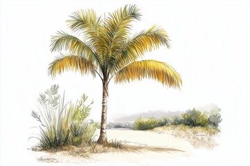 Fototapeta premium Tropical Palm Tree with Yellow Blooms in Warm Landscape