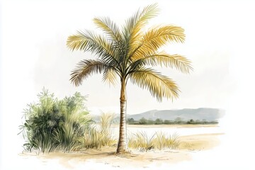 Obraz premium Tropical Palm Tree with Yellow Blooms in Warm Landscape