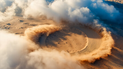 Stunning aerial view of a mysterious sand circle amidst swirling clouds in the desert - perfect for travel, adventure, and environmental themes