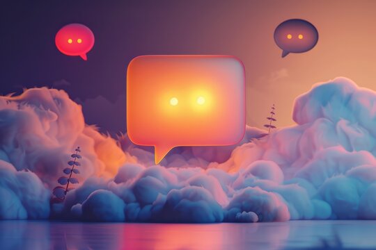 Large, glowing speech bubble is typing, surrounded by a surreal, cloudy landscape at sunset, symbolizing online communication and social media - Powered by Adobe