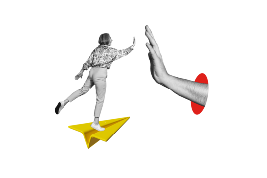 Composite photo collage of happy old woman stand paper plane give high five hand business partner greeting isolated on painted background