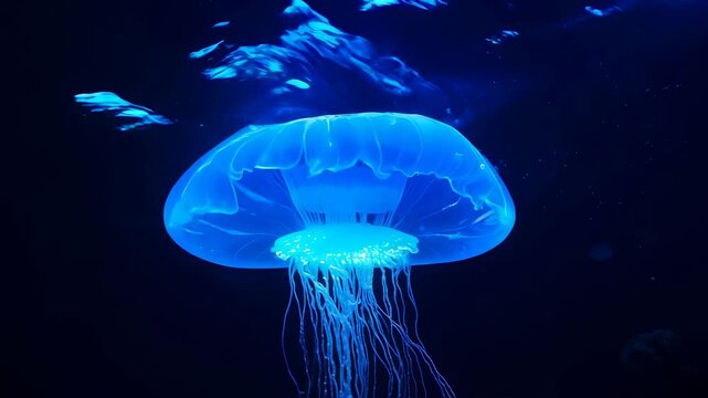 Glowing blue bioluminescent jellyfish floating dark ocean with translucent bell delicate tentacle strands flowing tentacle and soft bioluminescent