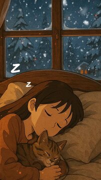Cozy winter night of a girl cuddling her cat by the window while snow falls outside. Loop animation