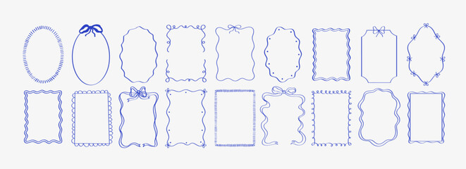 Wavy whimsical frames doodle. Blue outline hand drawn frames template with empty space. © yabluko_draws