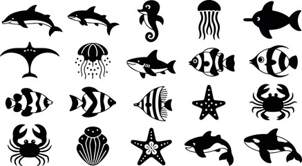 Fototapeta premium Collection of 20 black and white cartoon aquatic animal silhouettes on white background dolphin