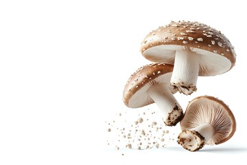 Fototapeta premium Fresh brown mushrooms with soil particles floating in air against white background, isolated composition for food and culinary projects.