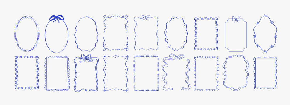 Wavy whimsical frames doodle. Blue outline hand drawn frames template with empty space.
