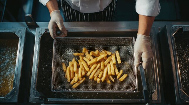Chef removes crispy, golden French fries from deep fryer using metal basket. Hot oil glistens. Fastfood restaurant kitchen. Junk fast food preparation. Cooking, culinary. Man cook fresh potato.