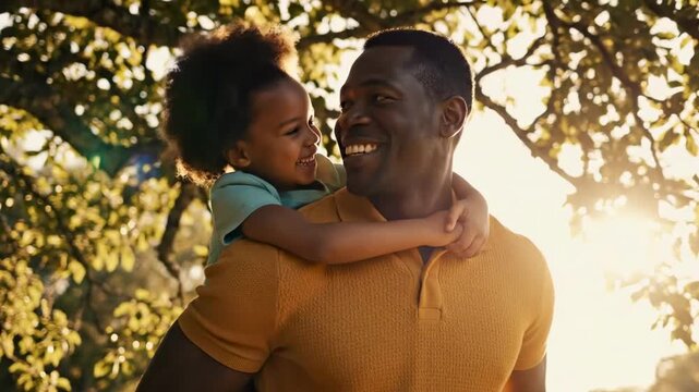 father day - Sunlight filters through leafy branches as a man and child share a joyful hug,  smiling at each other in a sunlit park,  warm tones highlighting their close bond and carefree moment today