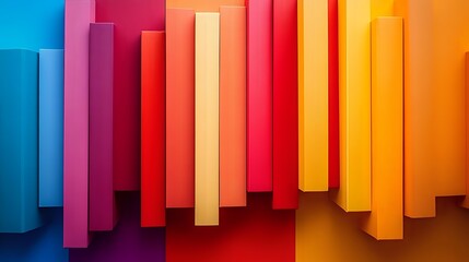 Obraz premium Vibrant colorful vertical bars arranged in gradient spectrum from blue to orange creating abstract geometric composition with shadows on warm background.