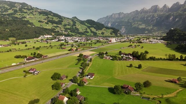 Scenic Aerial View of Rural Countryside and Alpine Landscape Near Flums, Berschis and Walenstadt, Switzerland &ndash; Drone Footage