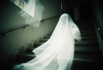 A translucent ghost-like figure moves gracefully down the staircase, evoking a chilling Halloween spirit. The surrounding area is dimly lit, enhancing the eerie effect Generative AI