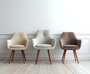 Fototapeta premium Modern upholstered dining chairs with wooden legs in neutral beige, gray and brown colors against white wall and light wooden floor in minimalist interior.