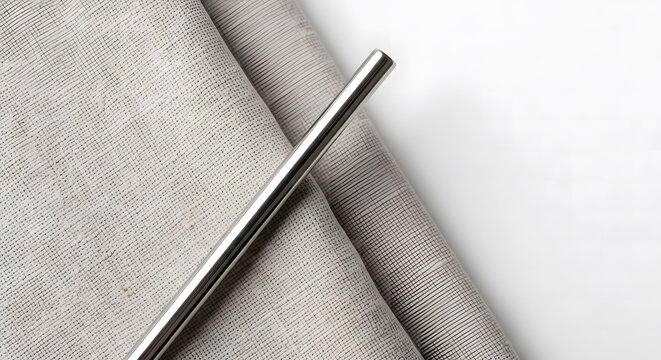 Close-up of a sleek, durable metal reusable drinking straw resting on a soft linen cloth, embodying a sustainable choice and a commitment to eco-friendly living