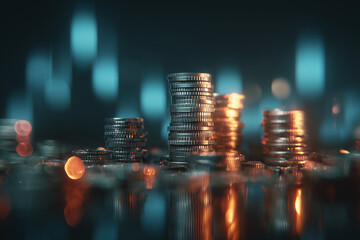 Stacks of coins reflecting light, symbolizing investment and finance. blurred background adds depth, creating dynamic atmosphere of wealth and prosperity