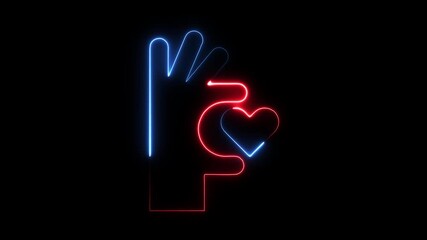 Neon hand forming heart shape glowing blue and red abstract symbol on black background love romance connection